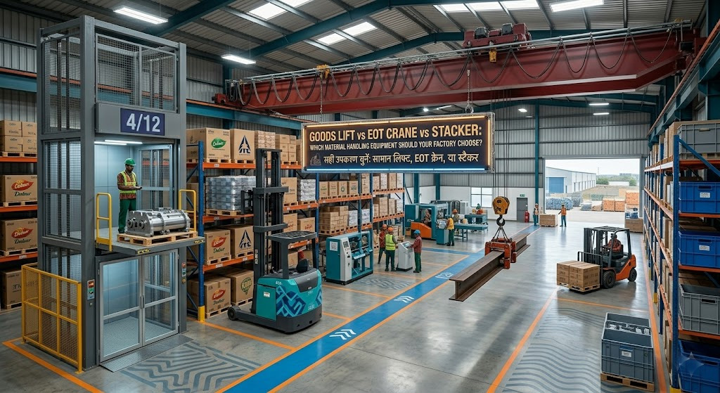 goods lift vs eot crane vs stacker which material handling equipment should your factory choose